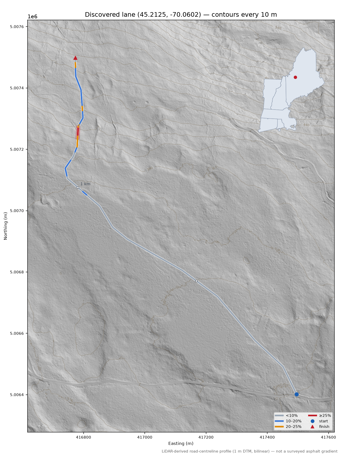 Discovered lane (45.2125, -70.0602) LiDAR hillshade map with contours