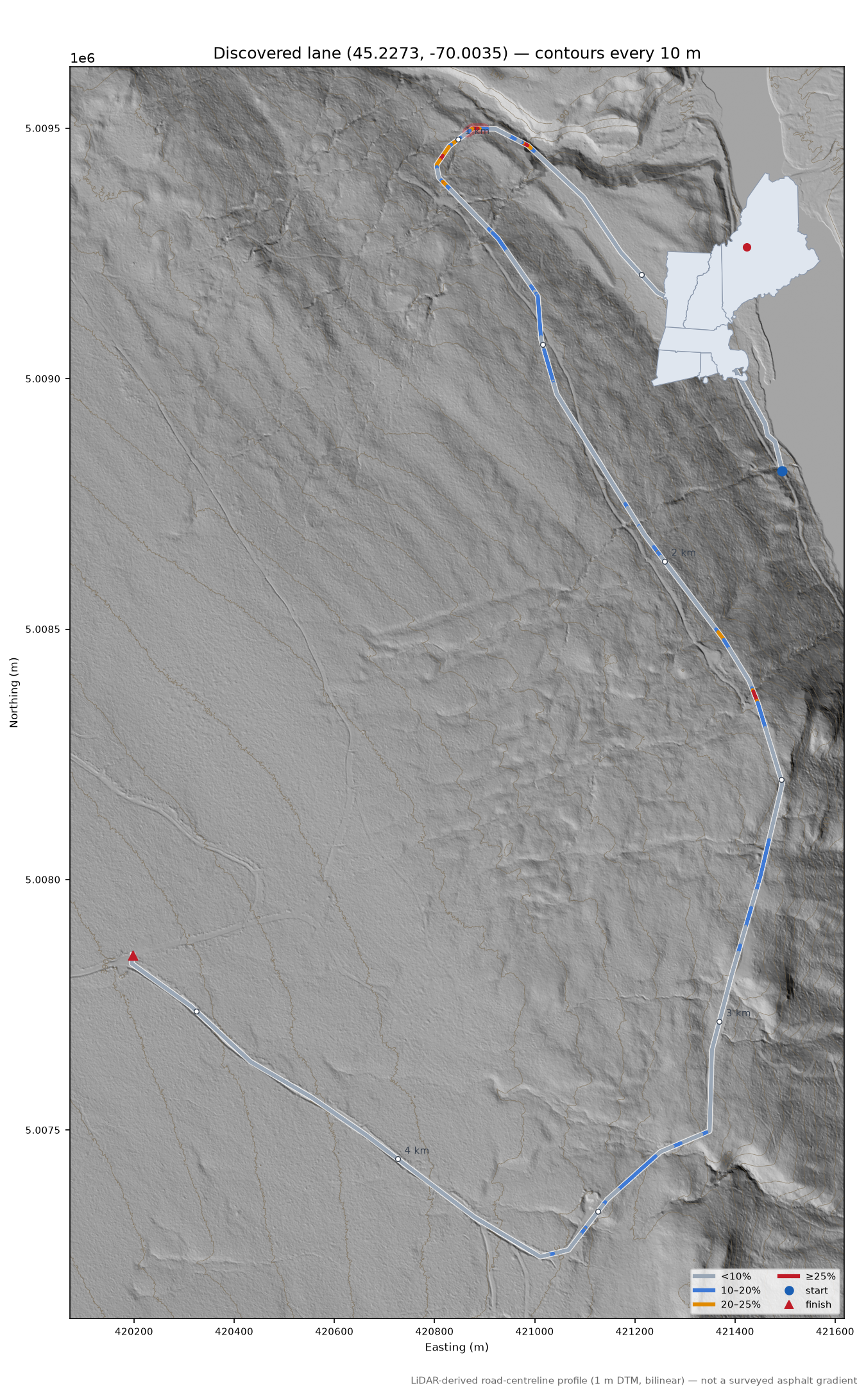 Discovered lane (45.2273, -70.0035) LiDAR hillshade map with contours