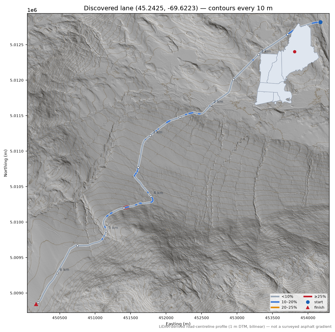 Discovered lane (45.2425, -69.6223) LiDAR hillshade map with contours