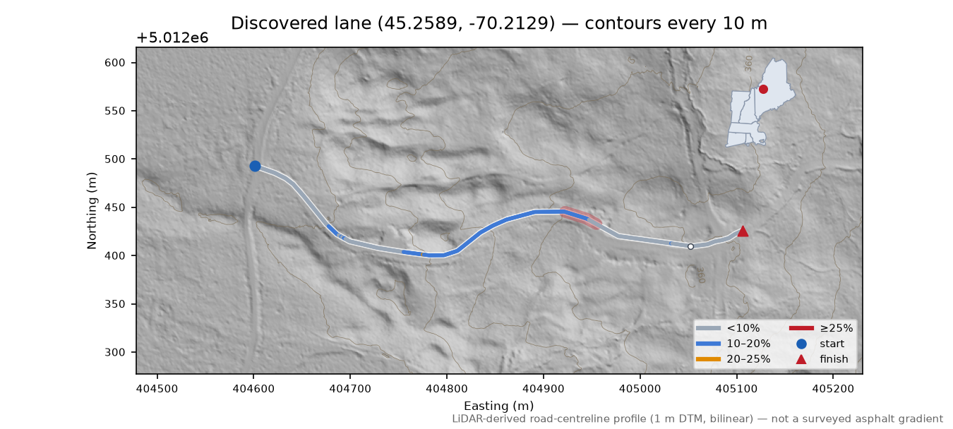 Discovered lane (45.2589, -70.2129) LiDAR hillshade map with contours