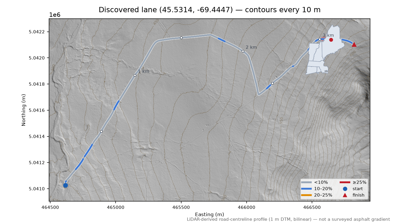Discovered lane (45.5314, -69.4447) LiDAR hillshade map with contours