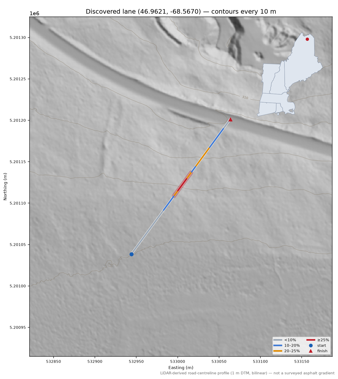 Discovered lane (46.9621, -68.5670) LiDAR hillshade map with contours
