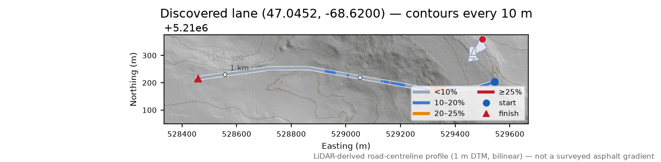 Discovered lane (47.0452, -68.6200) LiDAR hillshade map with contours