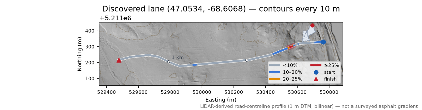 Discovered lane (47.0534, -68.6068) LiDAR hillshade map with contours