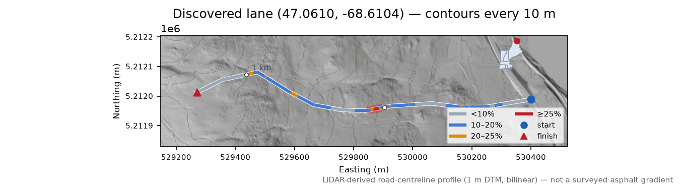 Discovered lane (47.0610, -68.6104) LiDAR hillshade map with contours