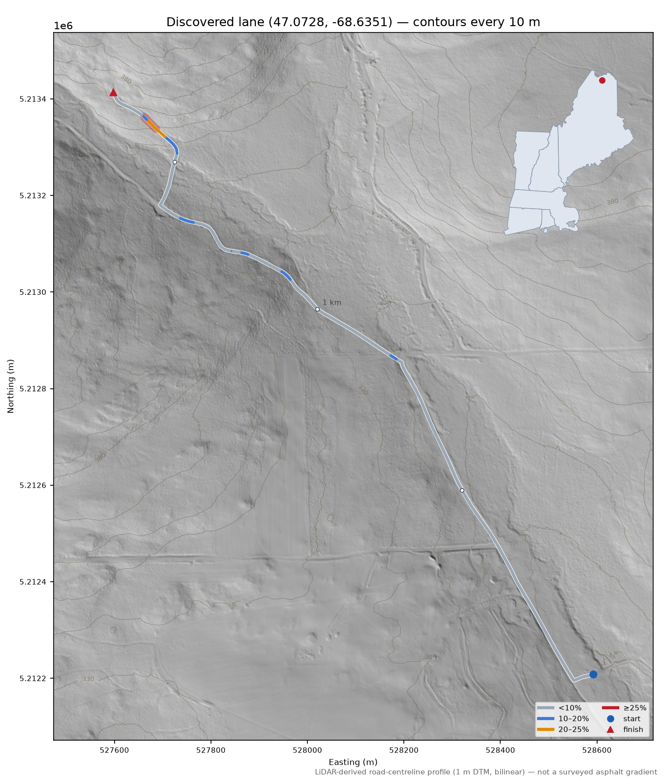 Discovered lane (47.0728, -68.6351) LiDAR hillshade map with contours