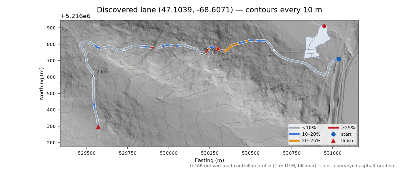 Discovered lane (47.1039, -68.6071) LiDAR hillshade map with contours
