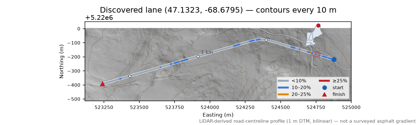 Discovered lane (47.1323, -68.6795) LiDAR hillshade map with contours