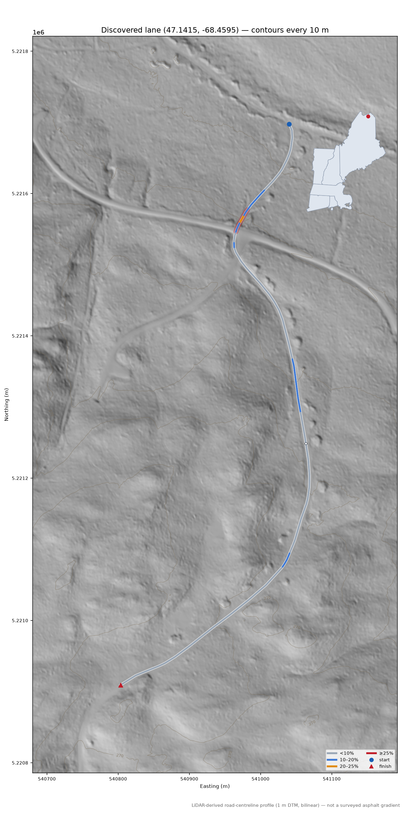 Discovered lane (47.1415, -68.4595) LiDAR hillshade map with contours