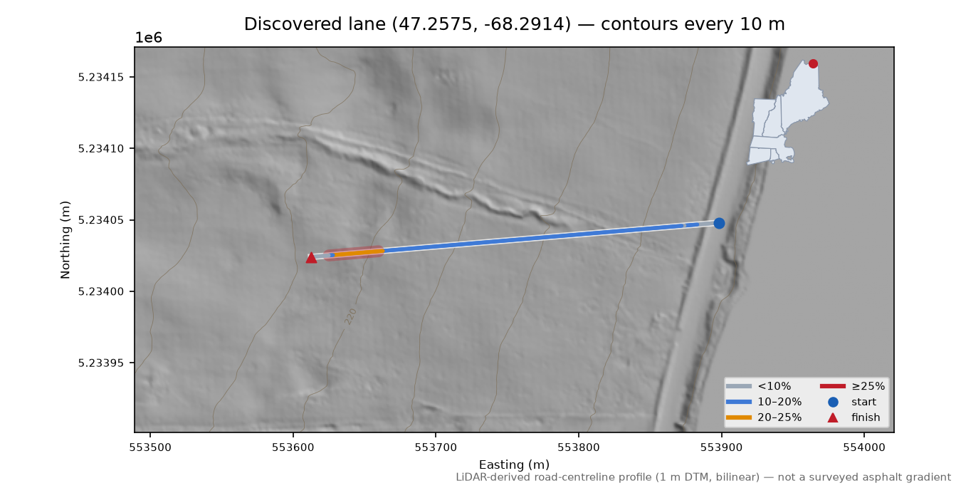 Discovered lane (47.2575, -68.2914) LiDAR hillshade map with contours