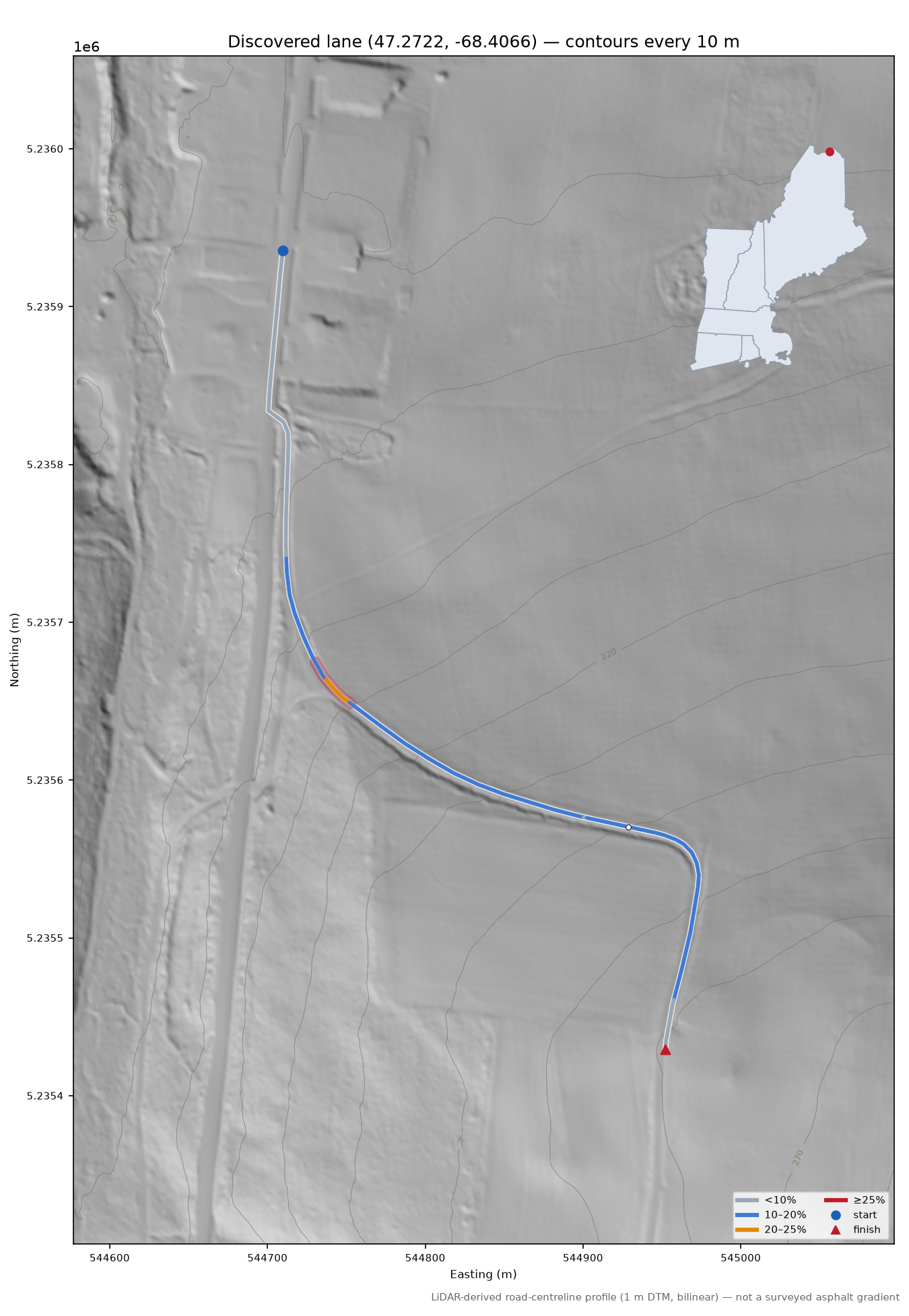Discovered lane (47.2722, -68.4066) LiDAR hillshade map with contours