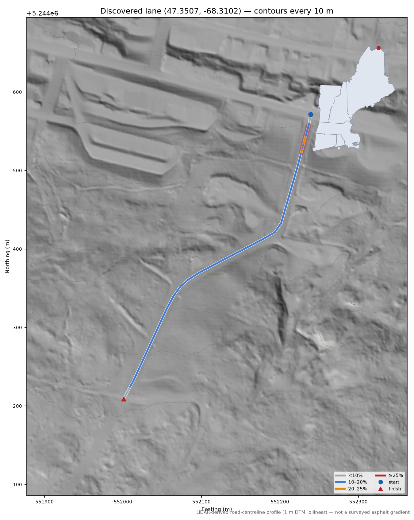 Discovered lane (47.3507, -68.3102) LiDAR hillshade map with contours