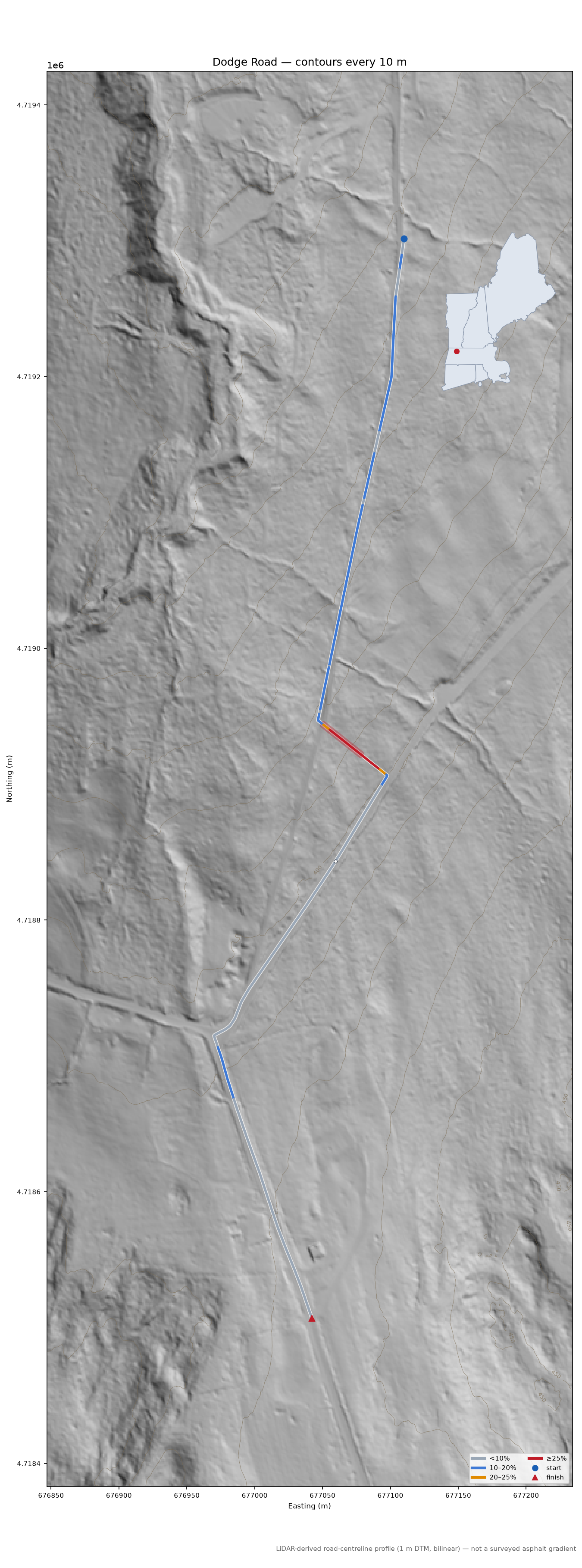 Dodge Road LiDAR hillshade map with contours