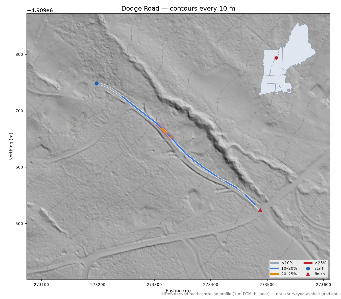 Dodge Road LiDAR hillshade map with contours