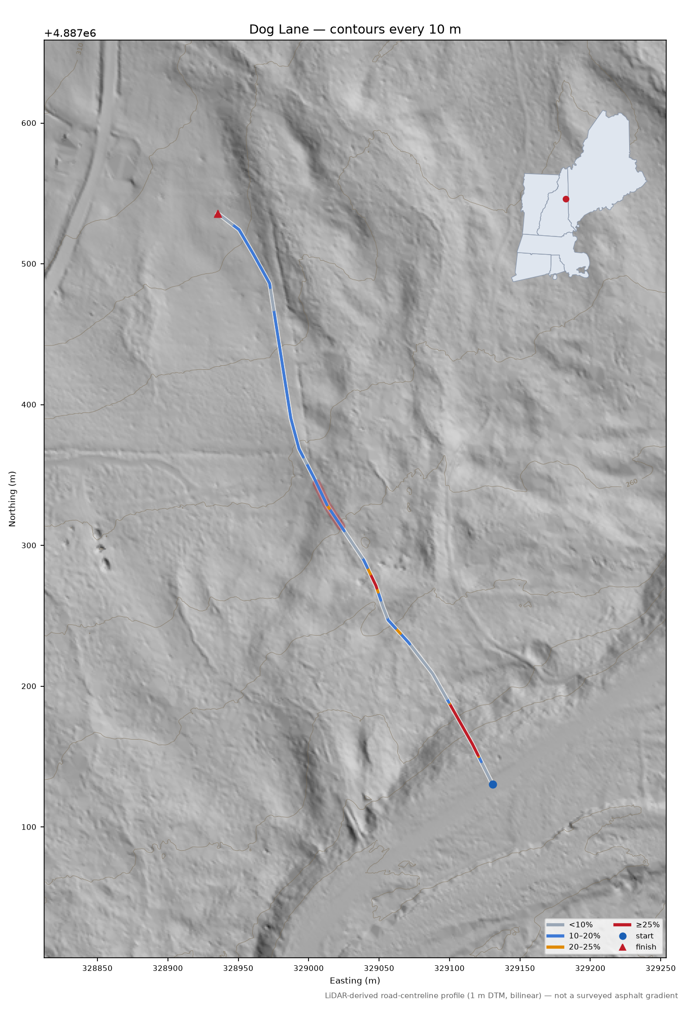 Dog Lane LiDAR hillshade map with contours
