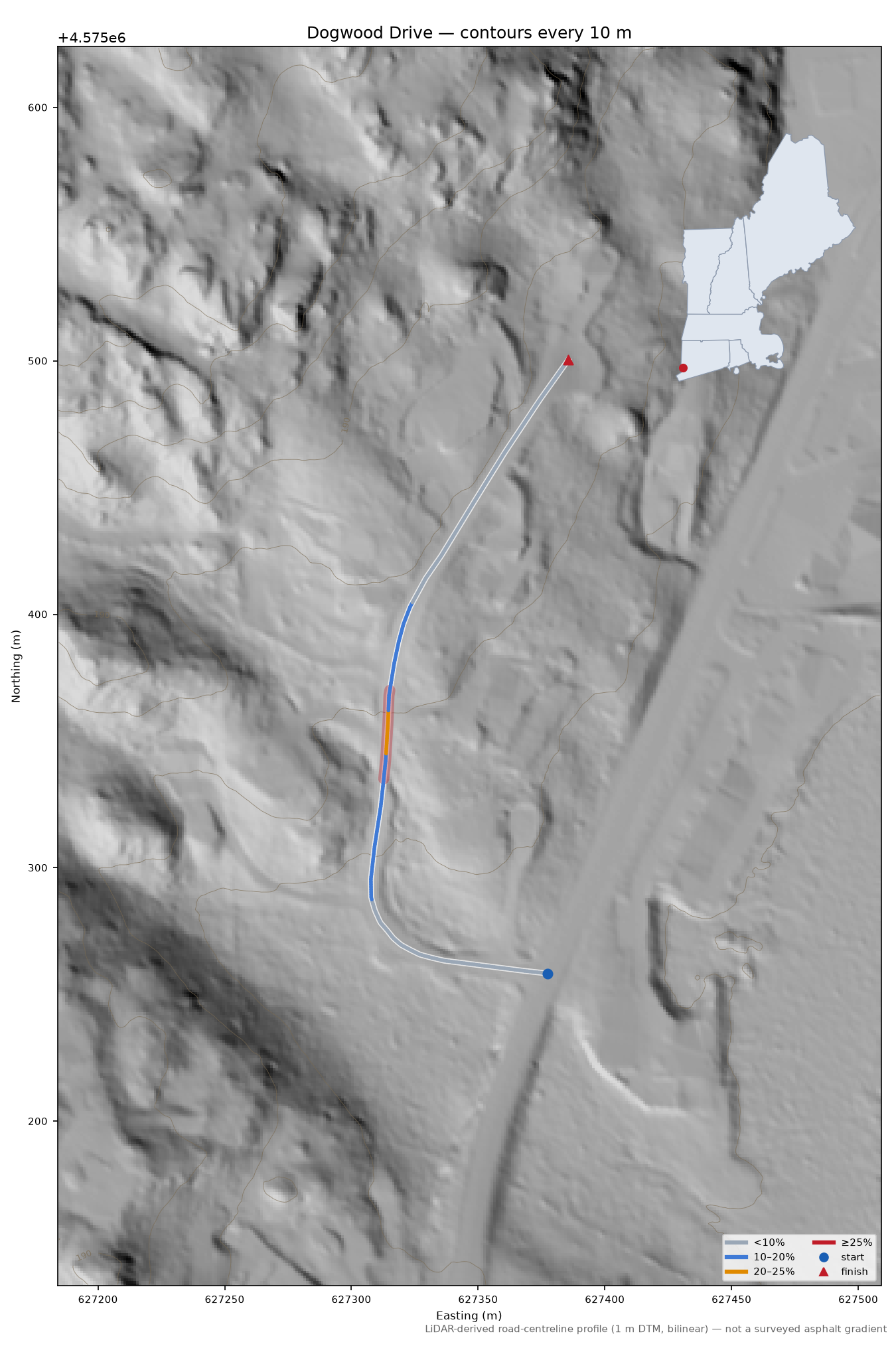 Dogwood Drive LiDAR hillshade map with contours