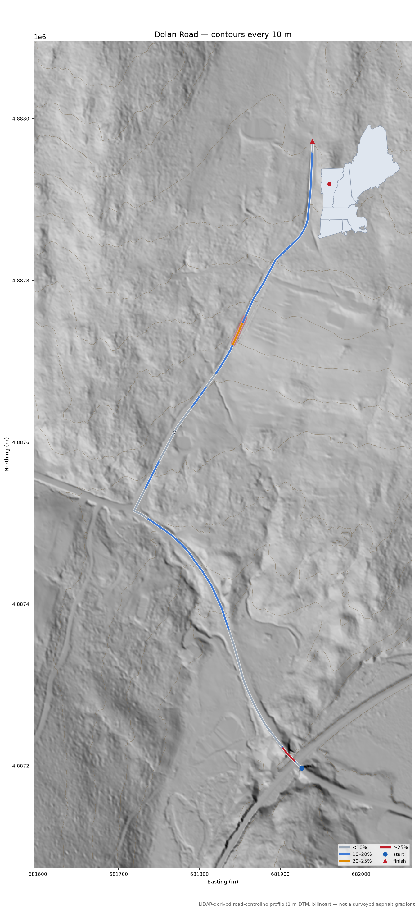 Dolan Road LiDAR hillshade map with contours
