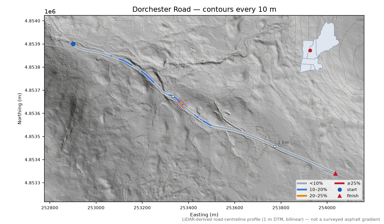 Dorchester Road LiDAR hillshade map with contours