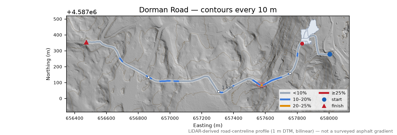 Dorman Road LiDAR hillshade map with contours