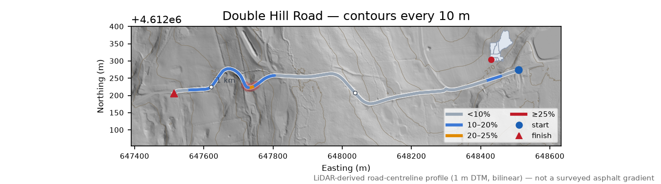 Double Hill Road LiDAR hillshade map with contours