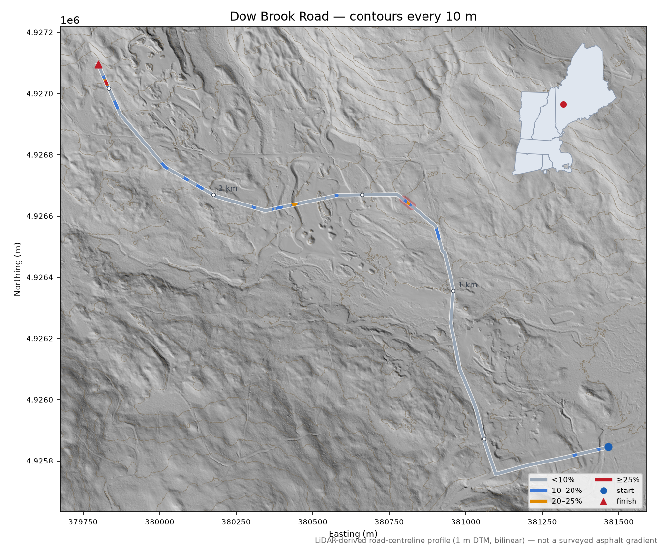Dow Brook Road LiDAR hillshade map with contours