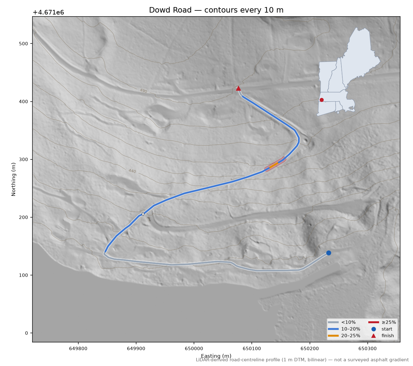 Dowd Road LiDAR hillshade map with contours