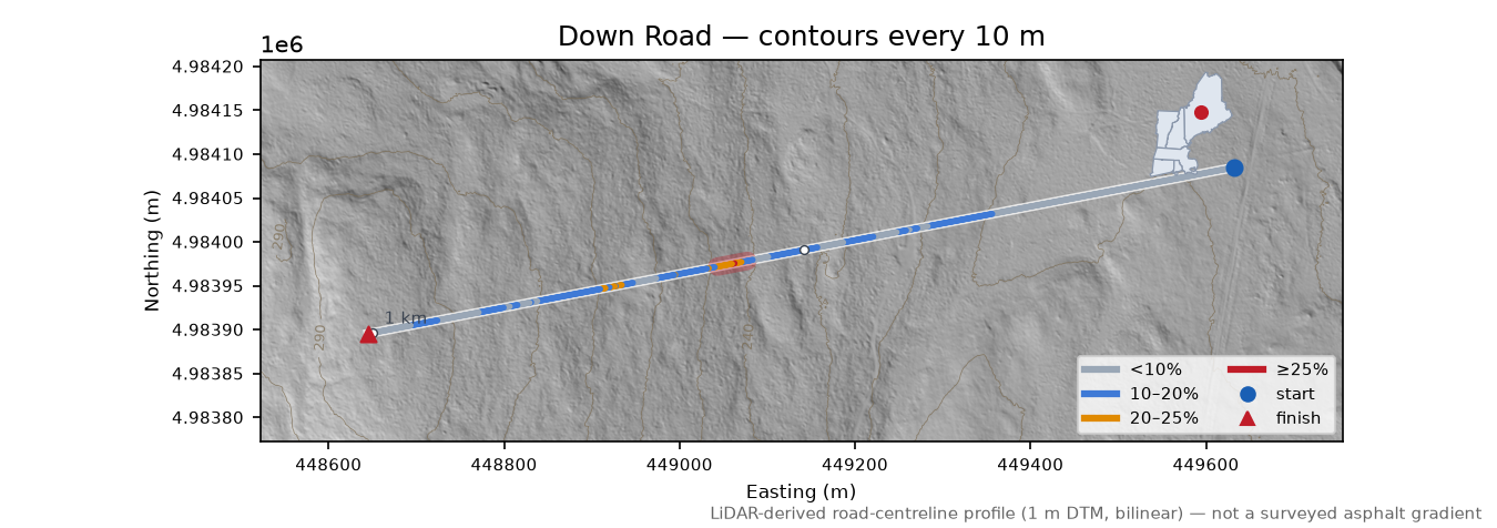 Down Road LiDAR hillshade map with contours