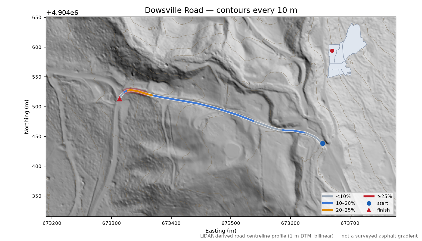 Dowsville Road LiDAR hillshade map with contours