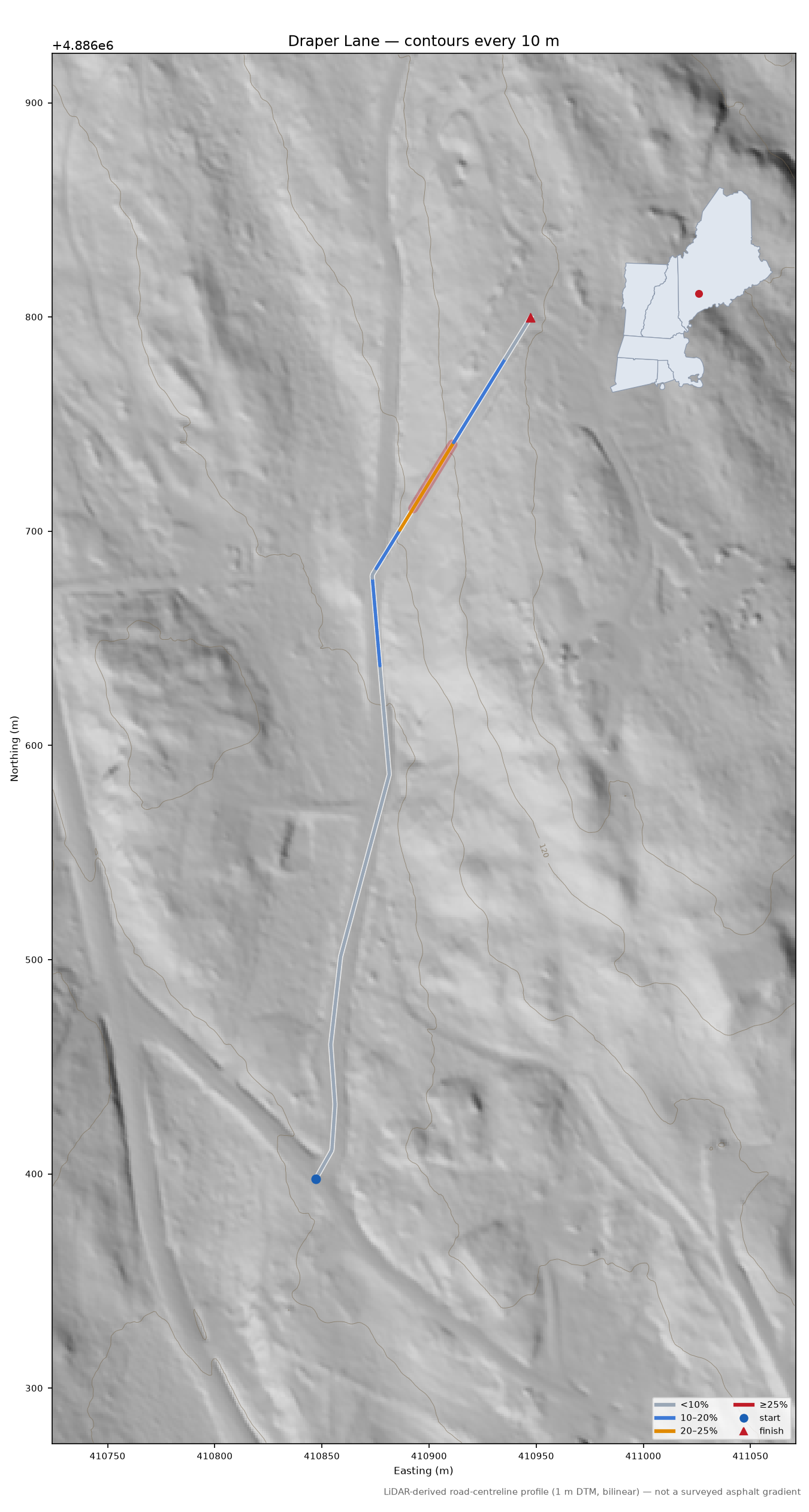 Draper Lane LiDAR hillshade map with contours