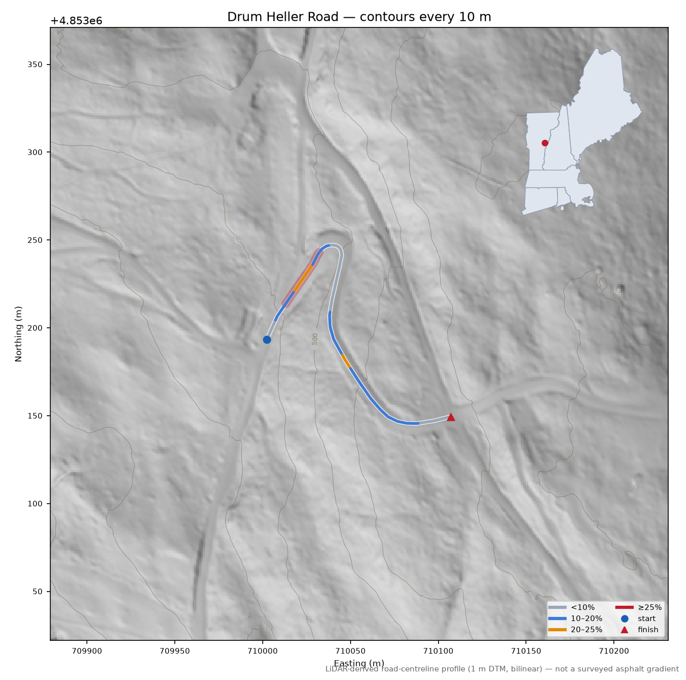 Drum Heller Road LiDAR hillshade map with contours