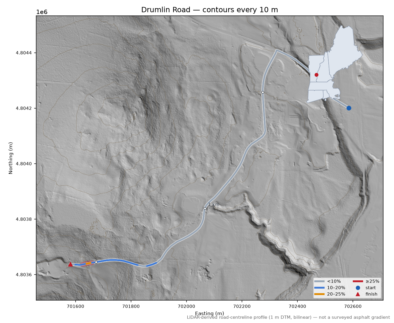 Drumlin Road LiDAR hillshade map with contours
