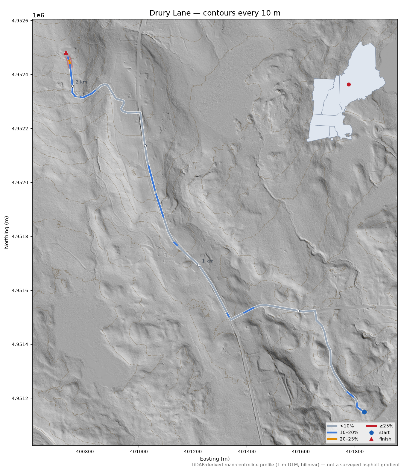 Drury Lane LiDAR hillshade map with contours