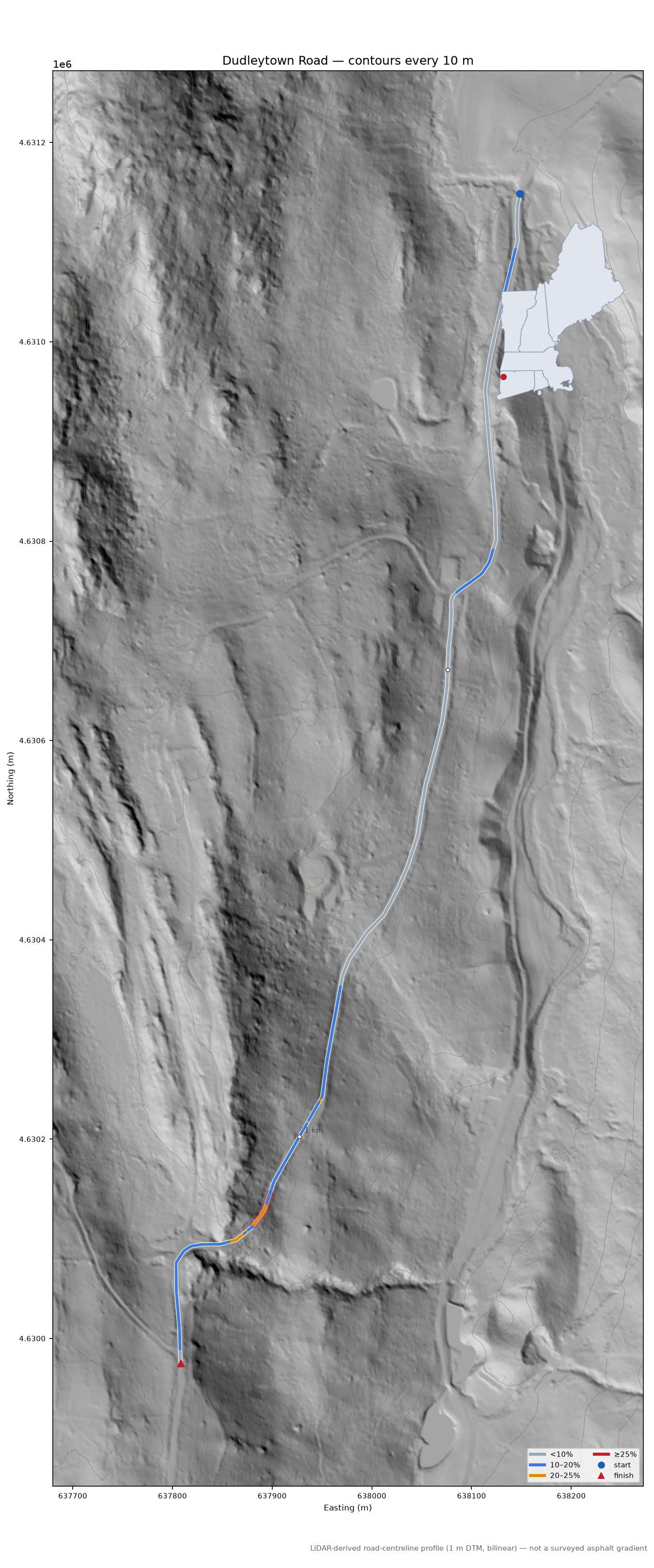 Dudleytown Road LiDAR hillshade map with contours