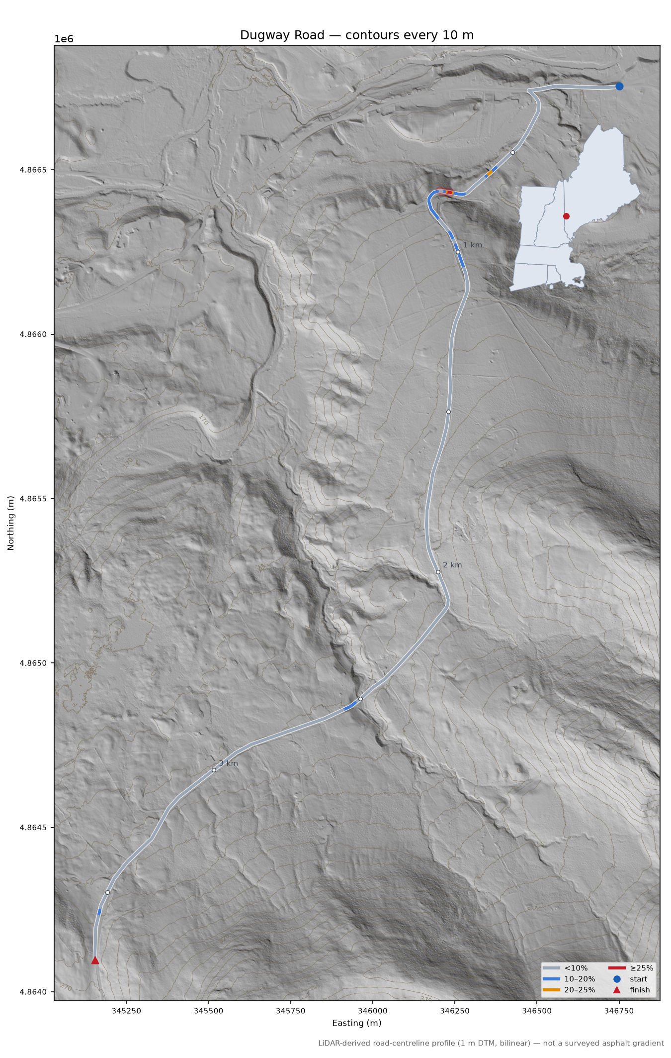 Dugway Road LiDAR hillshade map with contours