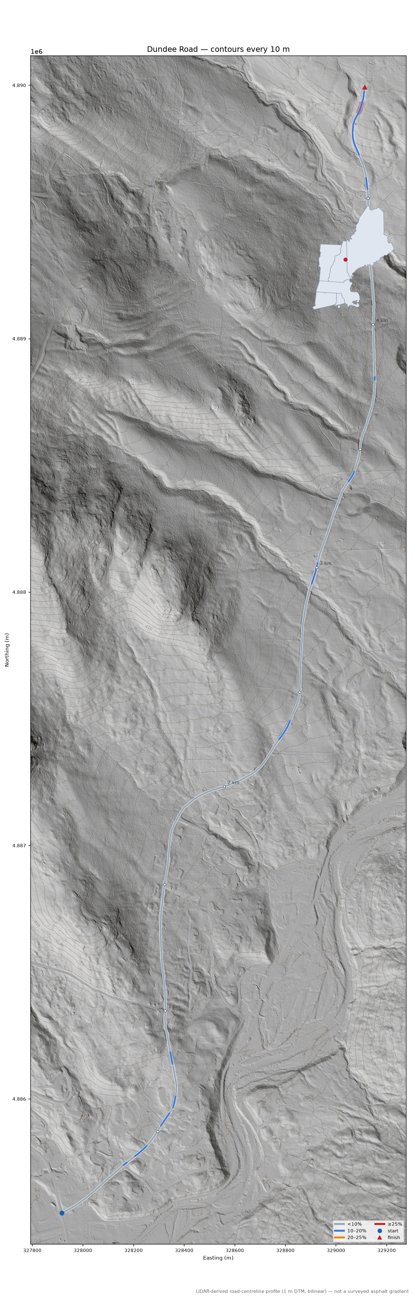 Dundee Road LiDAR hillshade map with contours