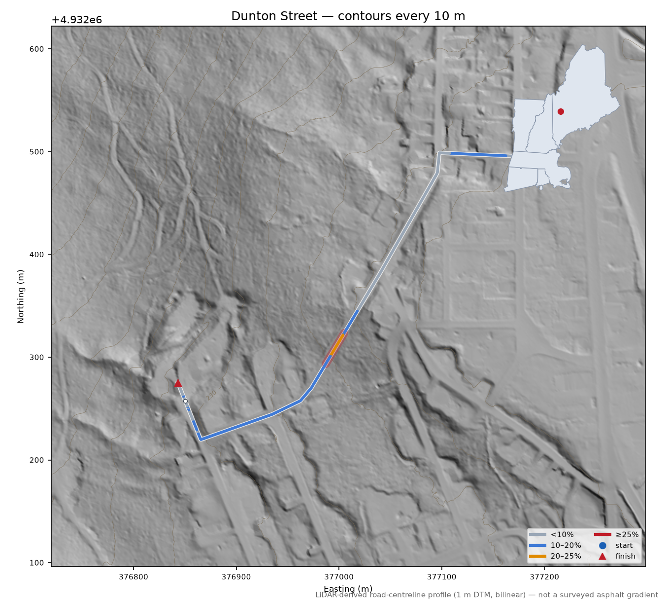 Dunton Street LiDAR hillshade map with contours