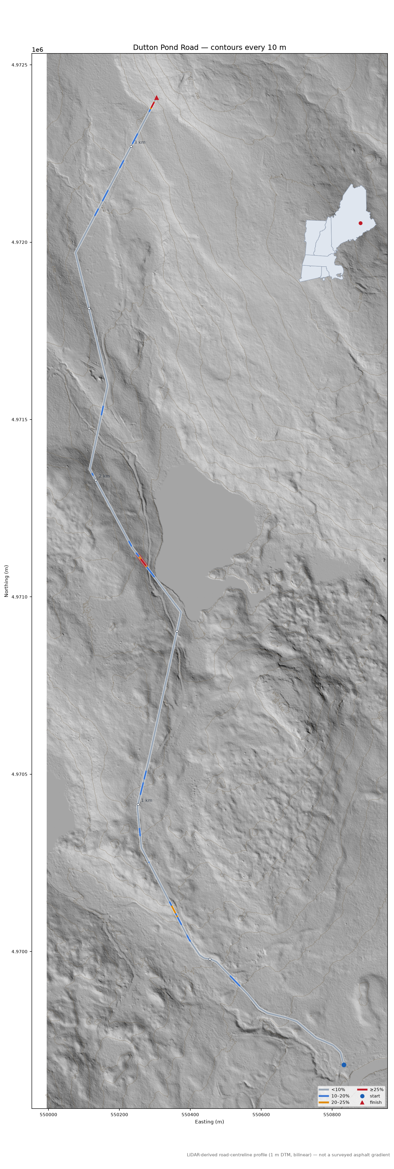 Dutton Pond Road LiDAR hillshade map with contours
