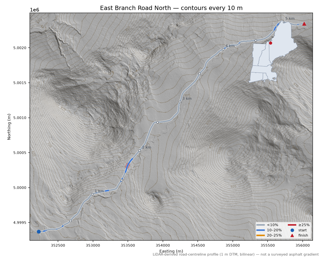 East Branch Road North LiDAR hillshade map with contours