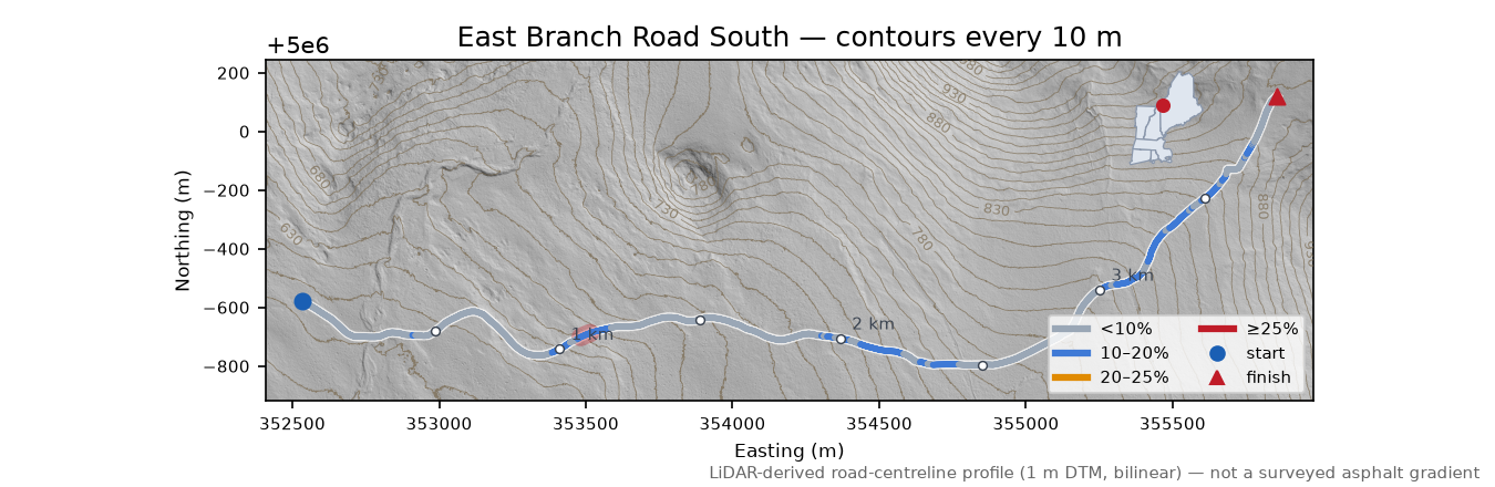 East Branch Road South LiDAR hillshade map with contours