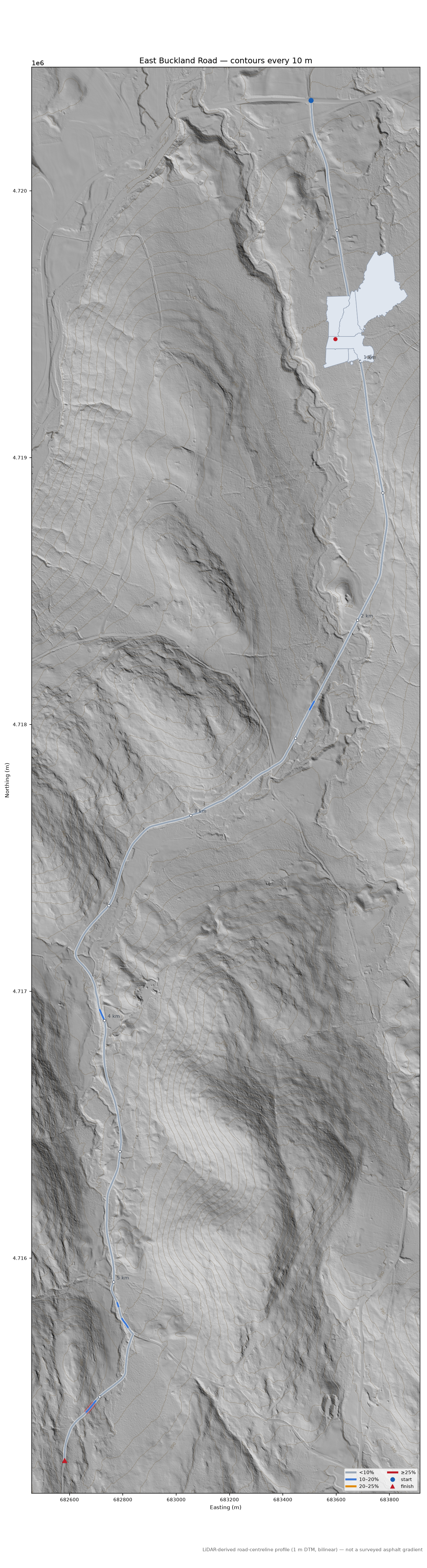 East Buckland Road LiDAR hillshade map with contours