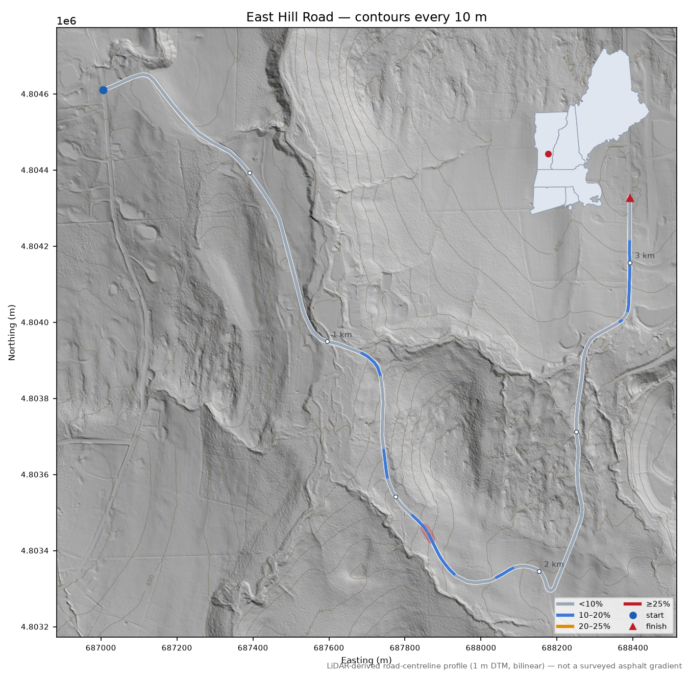 East Hill Road LiDAR hillshade map with contours