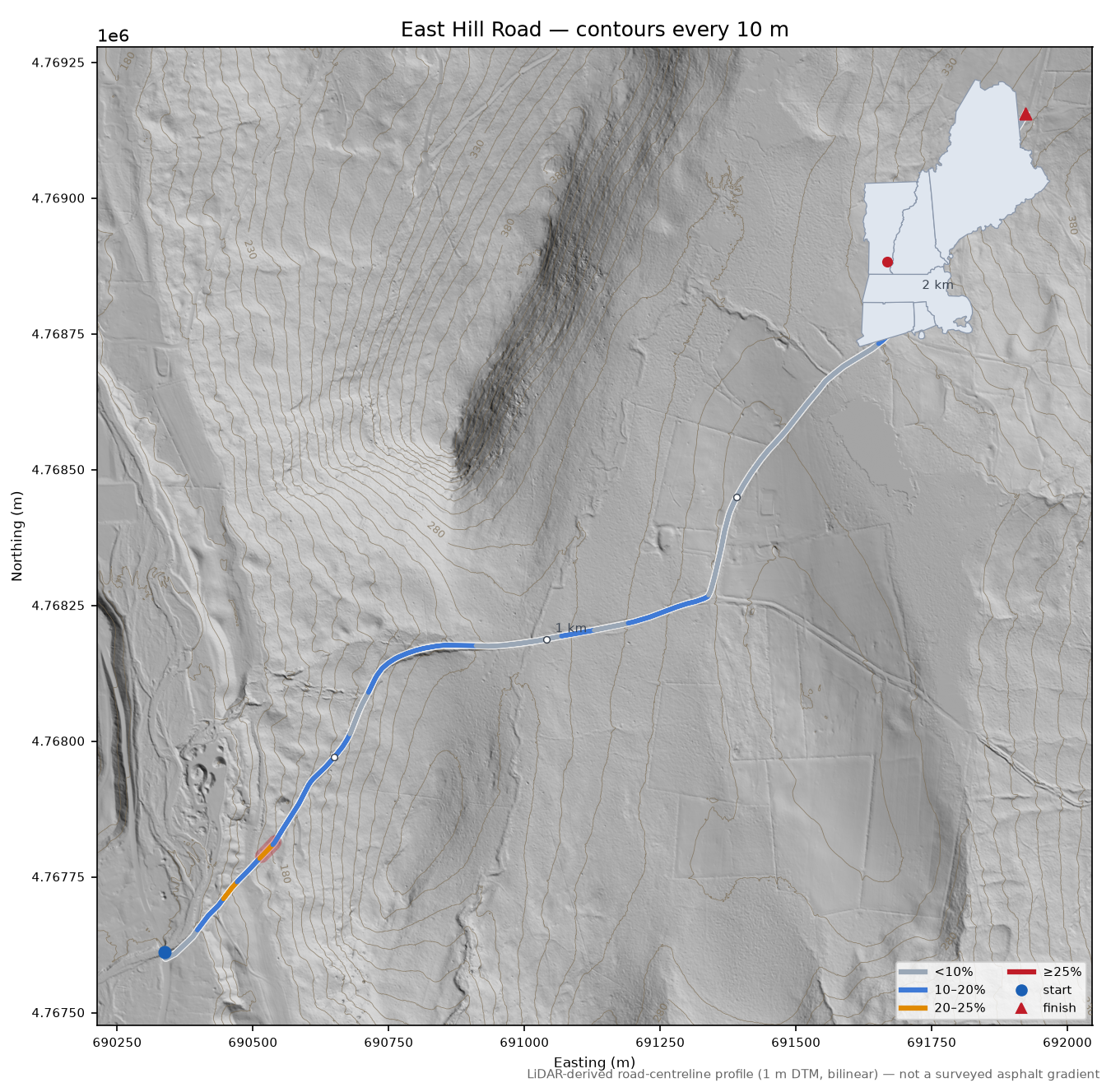 East Hill Road LiDAR hillshade map with contours