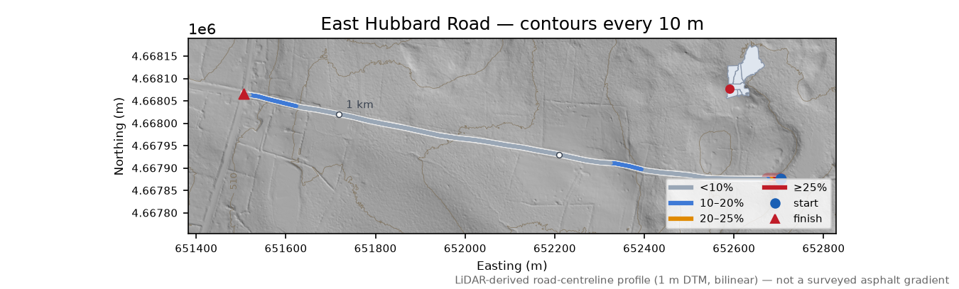East Hubbard Road LiDAR hillshade map with contours