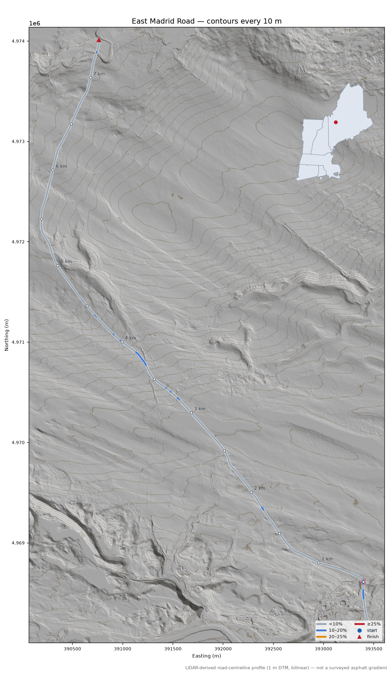 East Madrid Road LiDAR hillshade map with contours