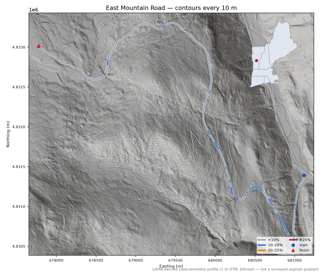 East Mountain Road LiDAR hillshade map with contours