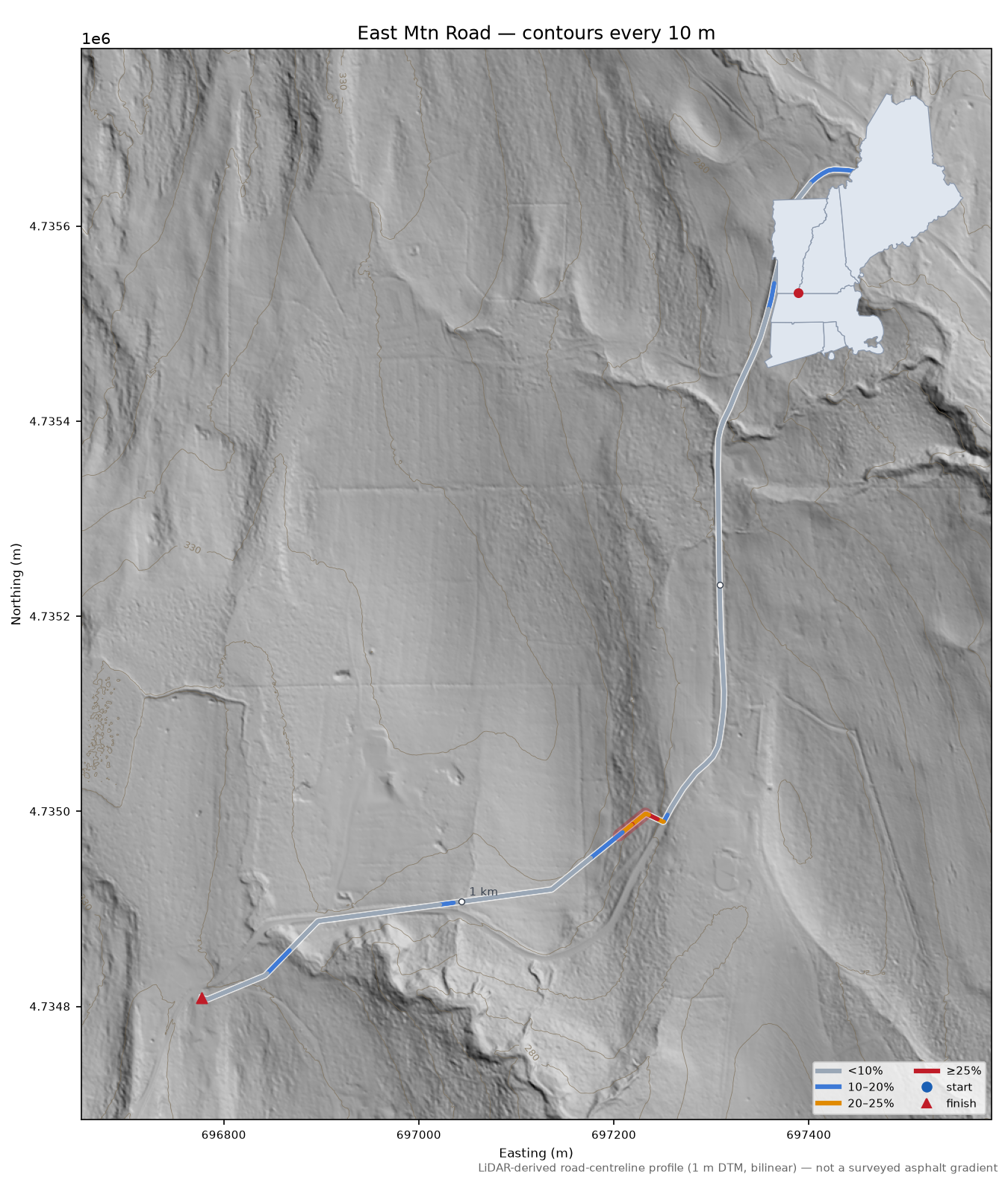 East Mtn Road LiDAR hillshade map with contours