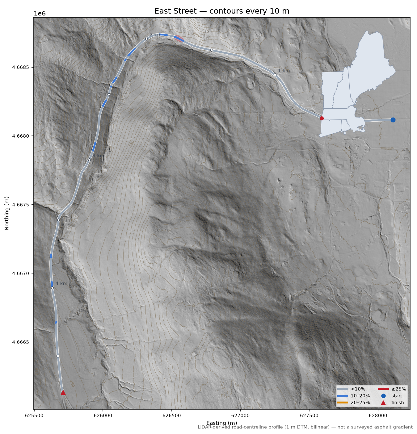 East Street LiDAR hillshade map with contours