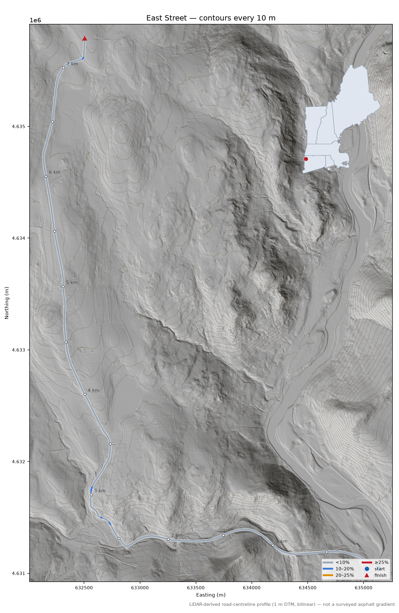 East Street LiDAR hillshade map with contours