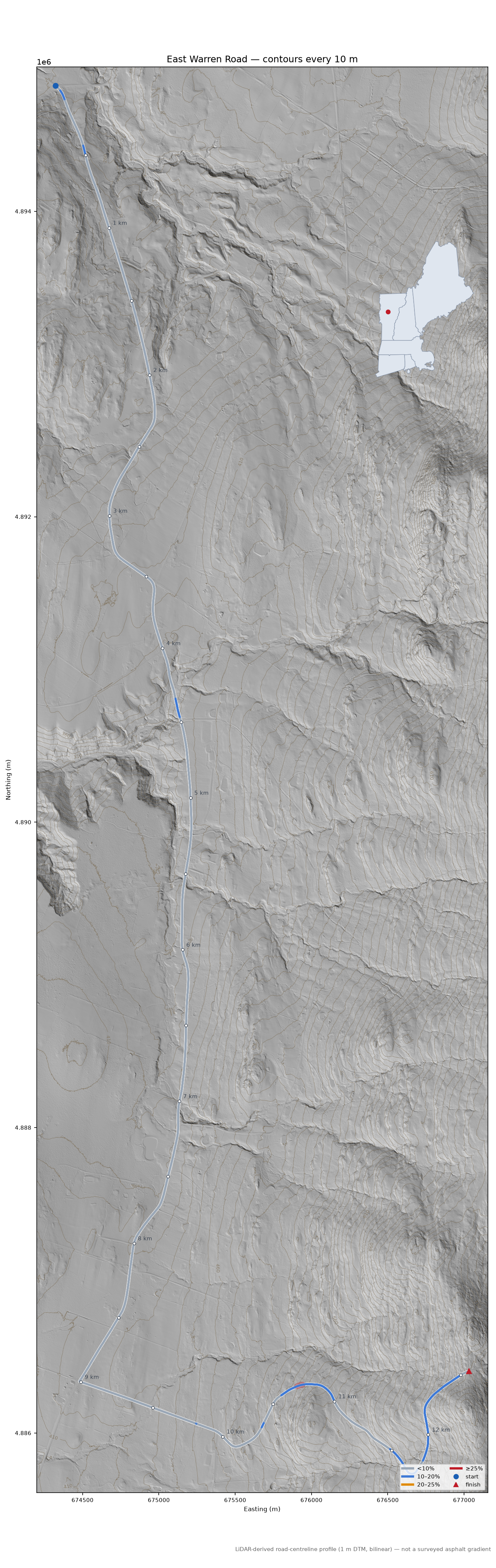 East Warren Road LiDAR hillshade map with contours