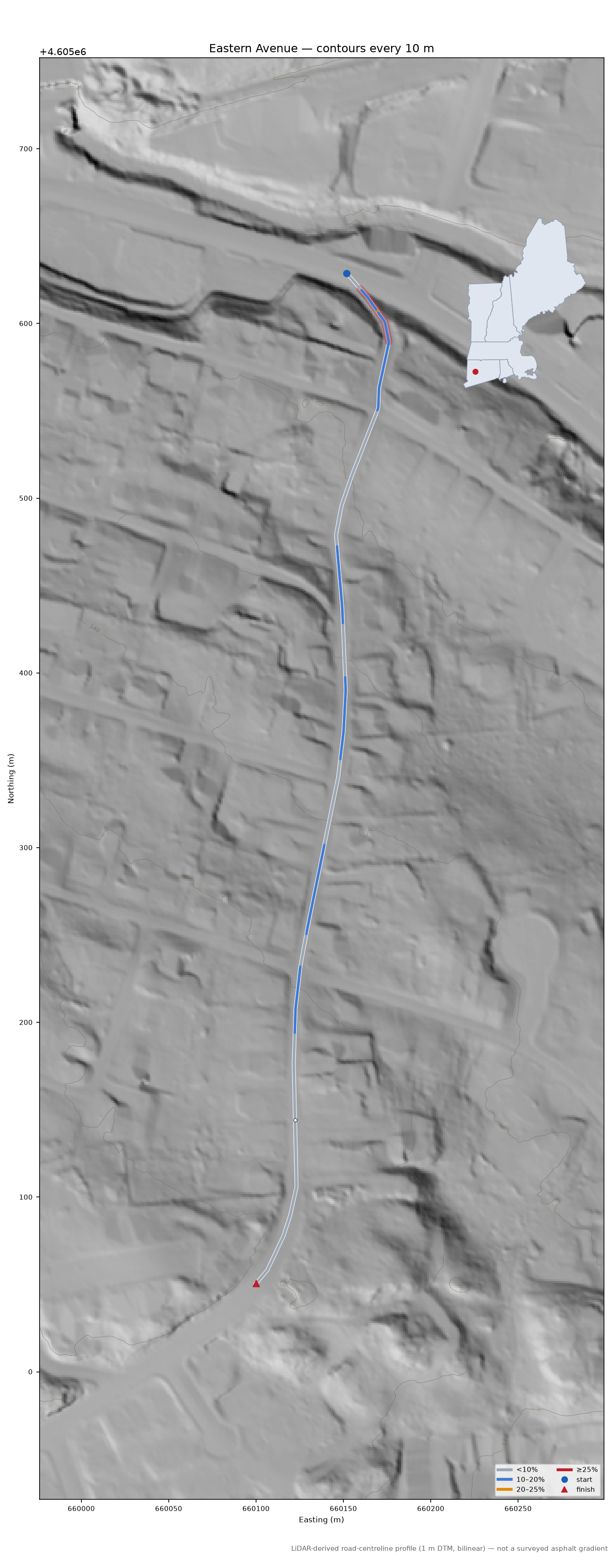 Eastern Avenue LiDAR hillshade map with contours